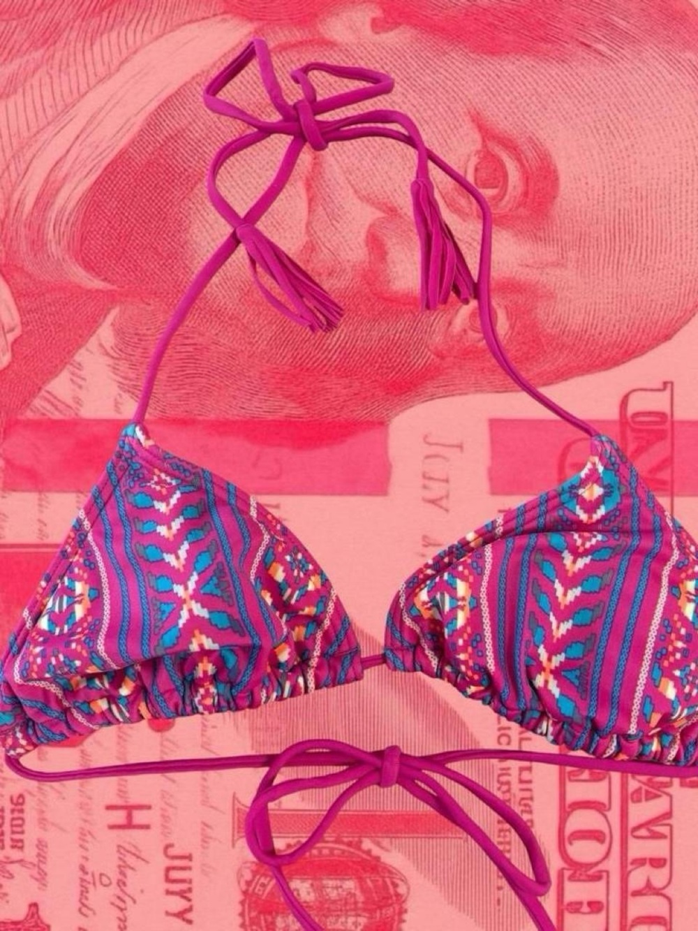 billabong y2k pink and purple paisley tribal pattern print triangle bikini top